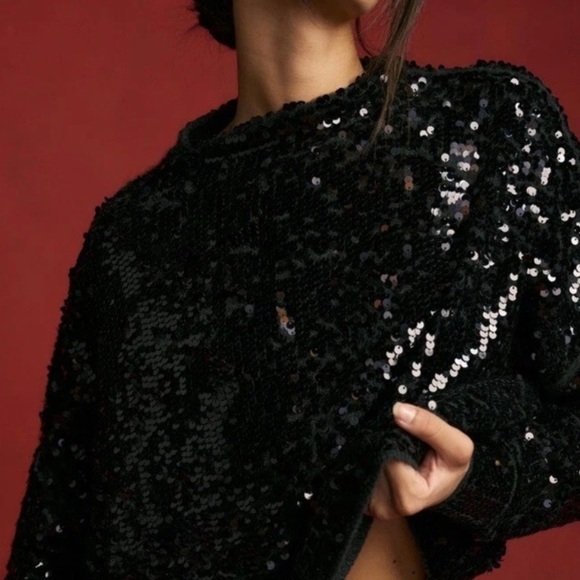 Anthropologie Alani Cashmere Mock Neck Sweater Sequin Edition Black Size XS New - Picture 3 of 10